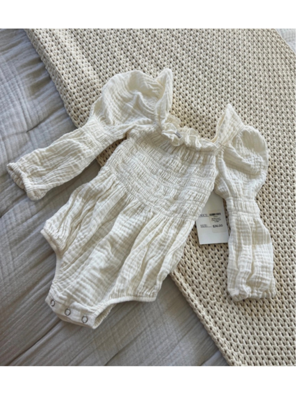 White Bear Boutique Long Sleeve Bodysuit Linen Bubble Cream Romper 12-18 Months